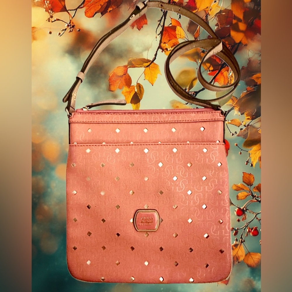 Guess Vintage Tangerine “Hula girl” w/perforated gold diamond pattern Crossbody